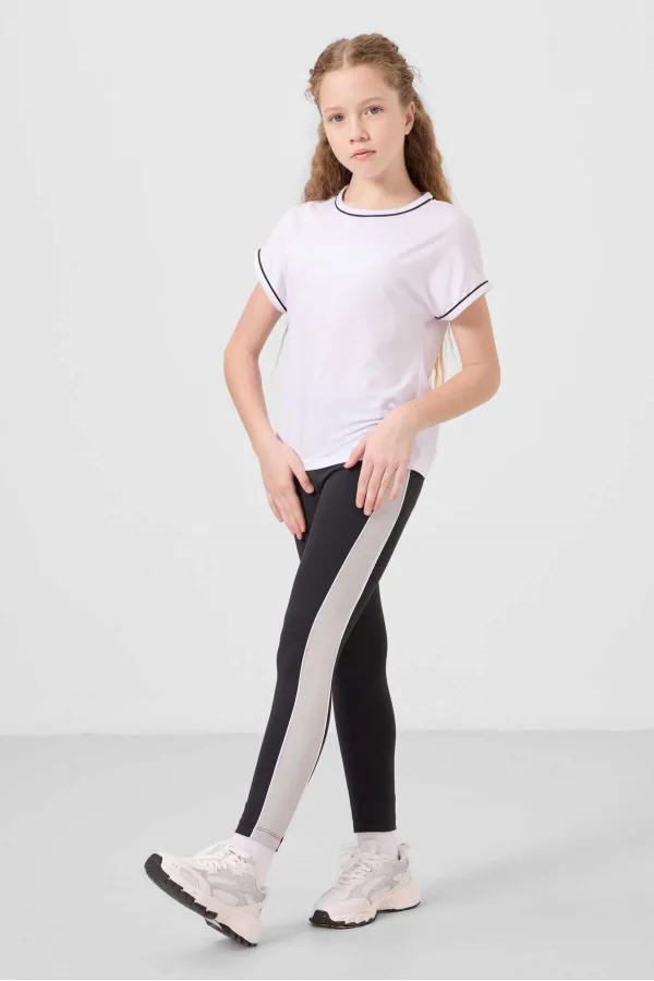 Ensemble de leggings Tommylife Wholesale pour filles, col rond, rayures latérales, coupe standard, performance, blanc et noir, réf. 75191