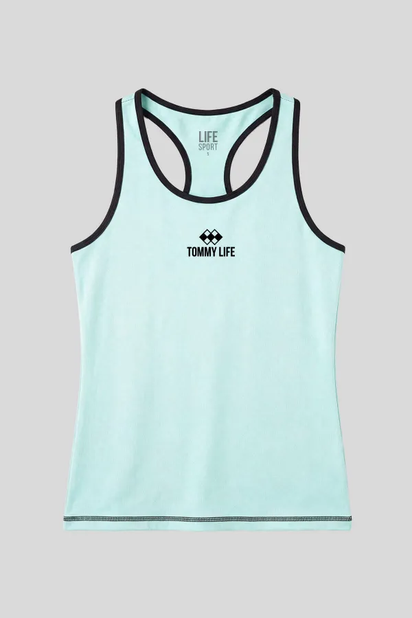 Débardeur de sport sans manches vert d'eau pour femme Tommylife, coupe standard, avec texte au dos - 97096
