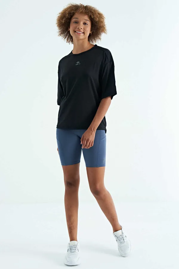 Tommylife Toptan Siyah O Yaka Baskı Detaylı Oversize Kısa Kol Kadın T-Shirt - 97263