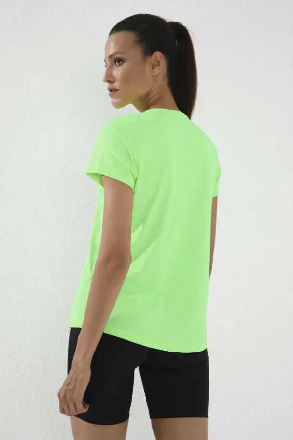 T-shirt Tommylife Wholesale vert fluo basique à manches courtes et col rond pour femme - 97144