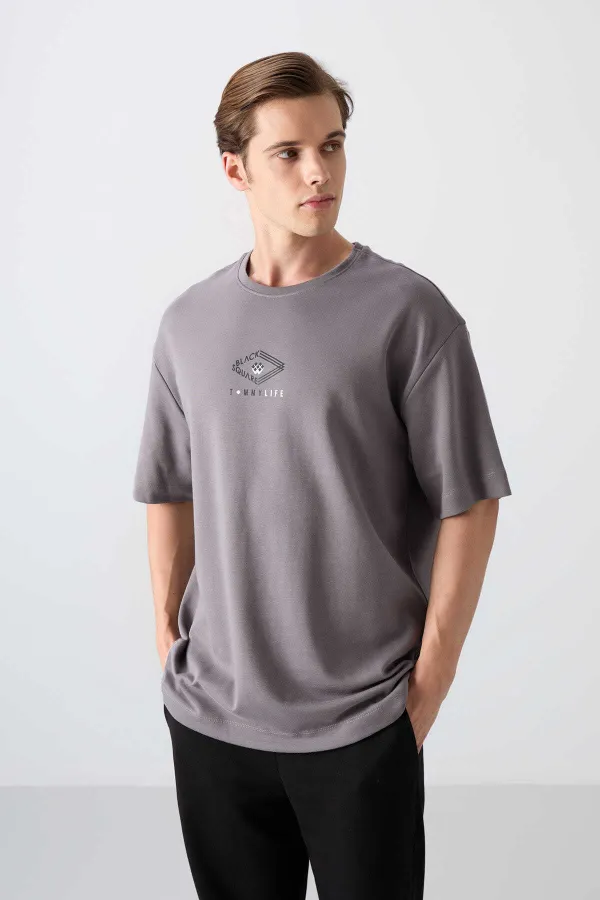 Tommylife Wholesale Crew Neck Oversize Printed Men's T-Shirt 88325 Dark Gray