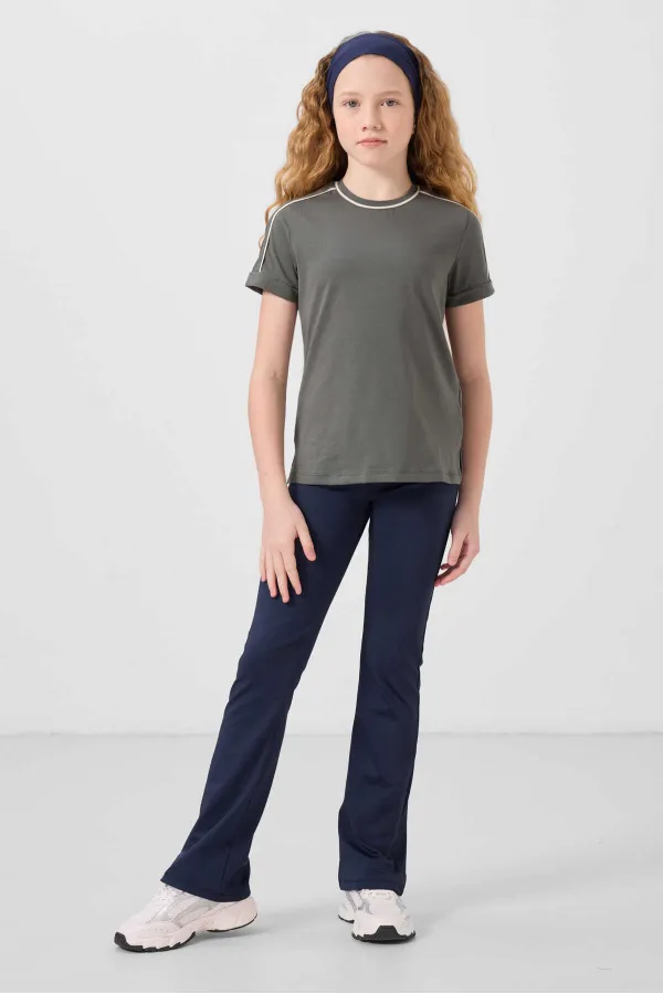 Tommylife Toptan Pamuklu O Yaka Oversize Fit Baskılı Kız Çocuk T Shirt 75177 Haki