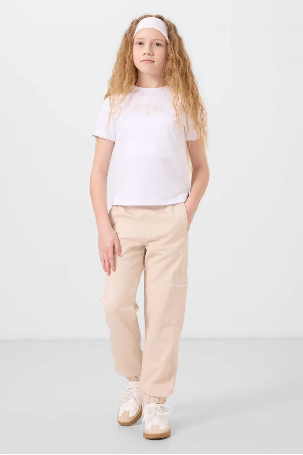 Tommylife Toptan O Yaka Baskılı Lastik Paça Kargo Cepli Kız Çocuk Eşofman Takım 75173 Beyaz Bej