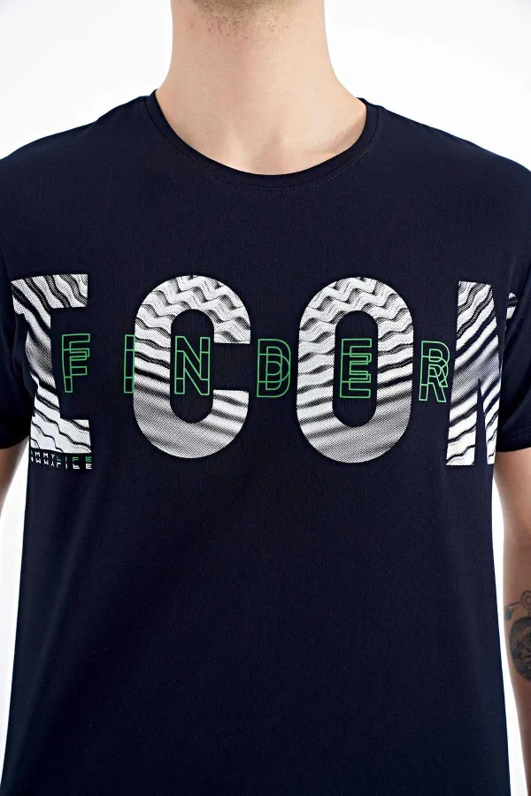Tommylife Toptan Lacivert Yazı Baskı Detaylı O Yaka Standart Kalıp Erkek T-Shirt - 88187