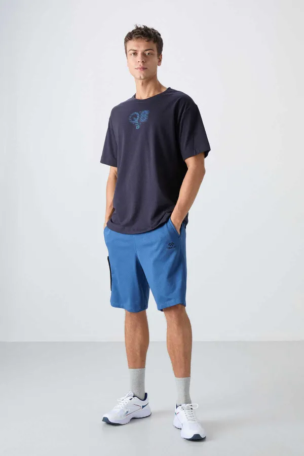 Tommylife Wholesale Crew Neck Oversize Printed Men's T-Shirt 88333 Navy Blue