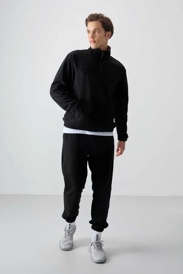 Tommylife Toptan Standart Kalıp Yarım Fermuar Polar Erkek Eşofman Takımı 85159 Siyah