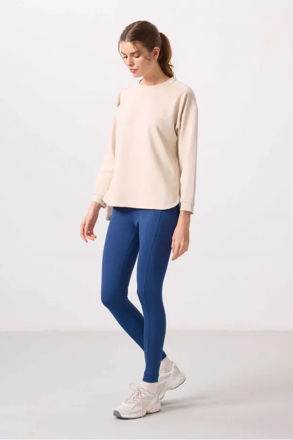 Tommylife Toptan Yumuşak Dokulu O Yaka Rahat Form Kadın Tunik Sweatshirt - 97305 Bej