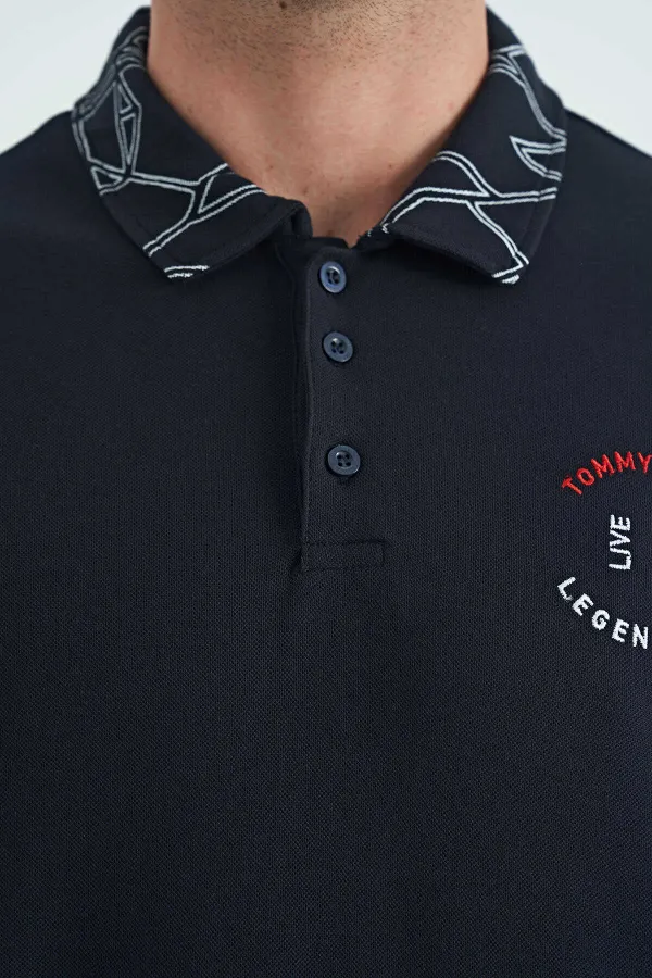 Tommylife Toptan Lacivert Yazı Nakışlı Baskı Detaylı Standart Kalıp Polo Yaka Erkek T-Shirt - 88239