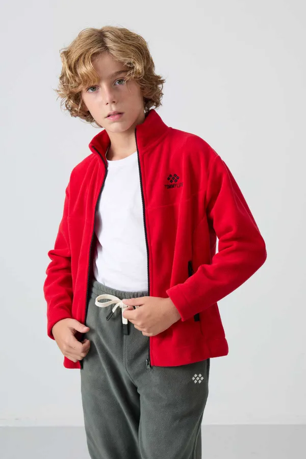Tommylife Toptan Garson Boy Dik Yaka Standart Kalıp Basic Erkek Çocuk Polar Sweatshirt 11223 Kırmızı
