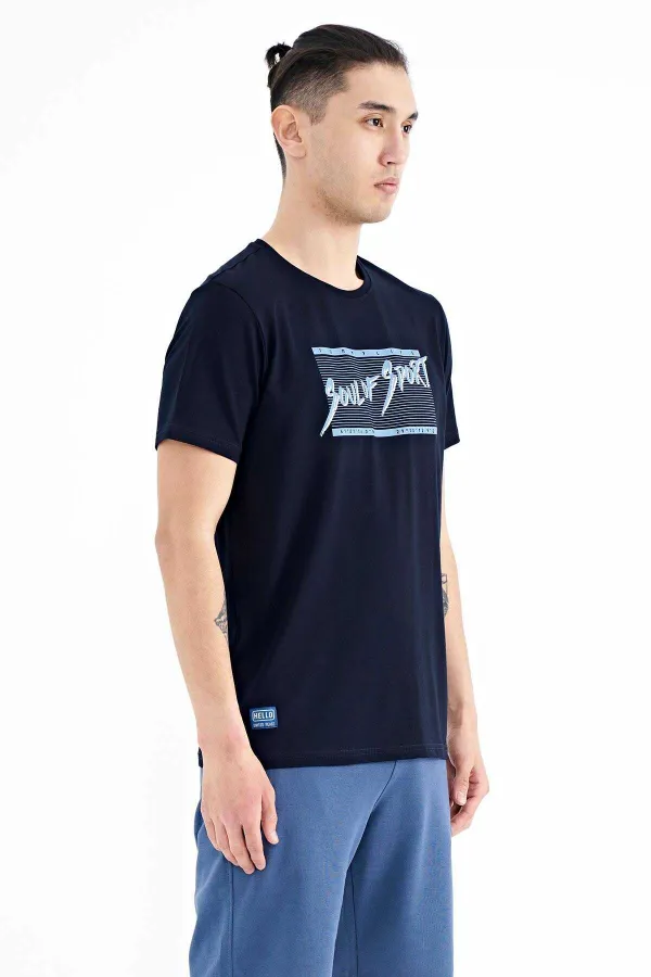 Tommylife Wholesale Navy Blue Text Print Standard Fit Crew Neck Men's T-Shirt - 88172