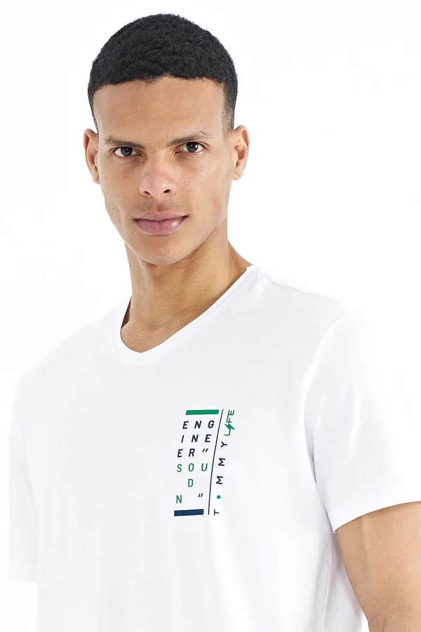 Tommylife Toptan Beyaz Baskı Detaylı V Yaka Standart Kalıp Erkek T-Shirt - 88186