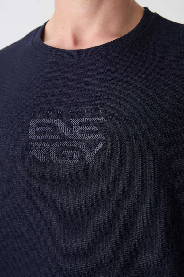 Tommylife Wholesale Crew Neck Oversize Printed Men's T-Shirt 88336 Navy Blue