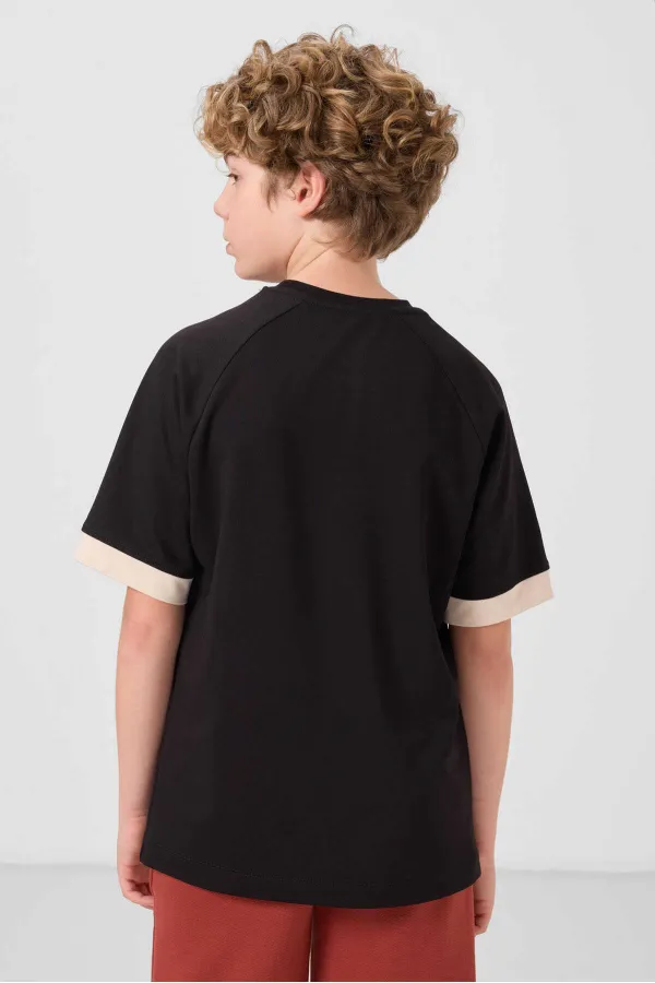 T-shirt garçon Tommylife Wholesale en coton doux texturé, coupe oversize, avec poche, référence 11295, noir
