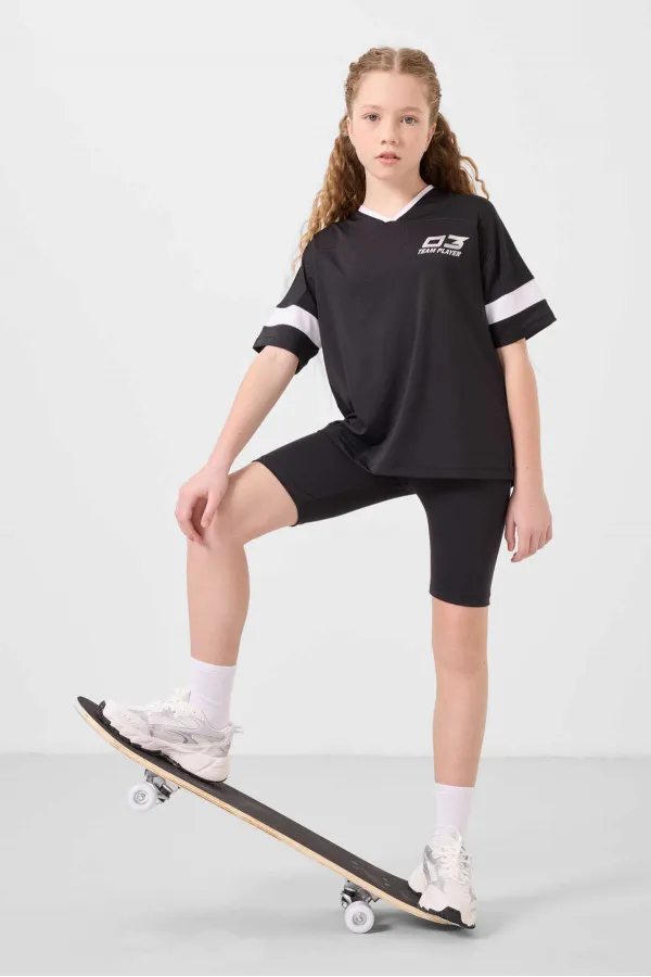 Ensemble de leggings Tommylife Wholesale pour filles, coupe standard, col en V et ceinture détaillée, noir, référence 75187