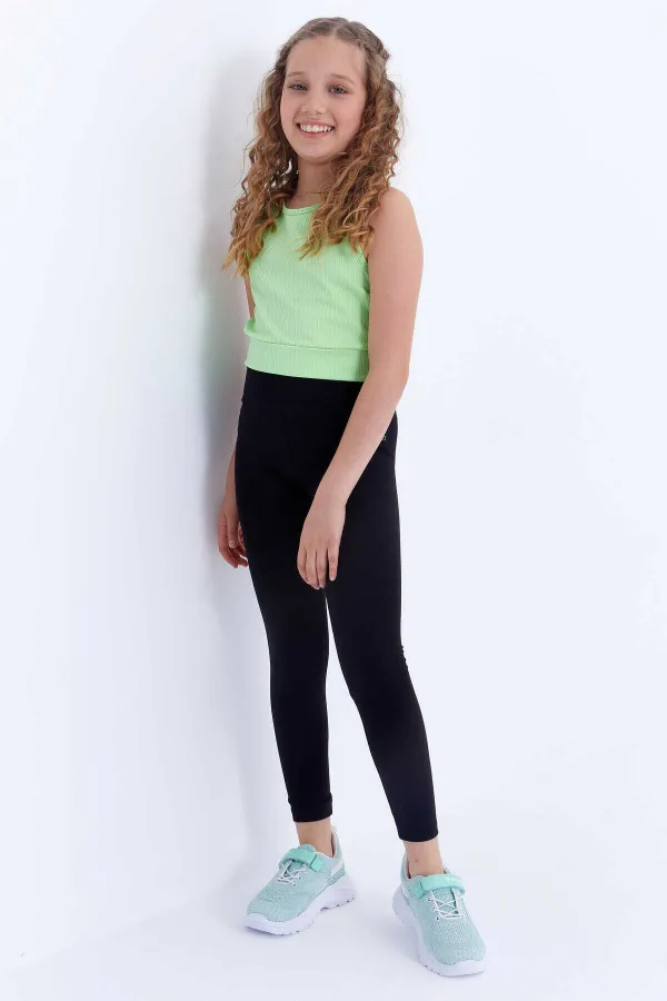 Tommylife Toptan Siyah Yüksek Bel Dar Paça Kız Çocuk Tayt  - 75047