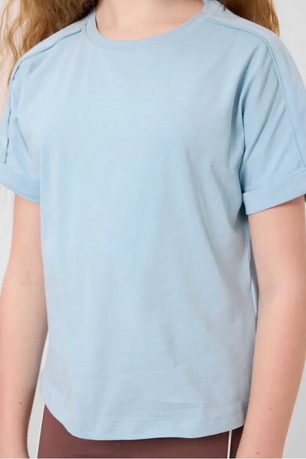 Tommylife Toptan Pamuklu O Yaka Oversize Fit Basic Kız Çocuk T Shirt 75182 Açık Mavi