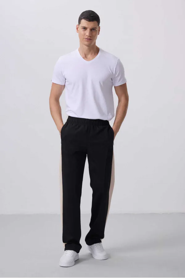 Pantalon palazzo pour homme Tommylife Wholesale, coupe standard, surface texturée, référence 82171, noir et beige