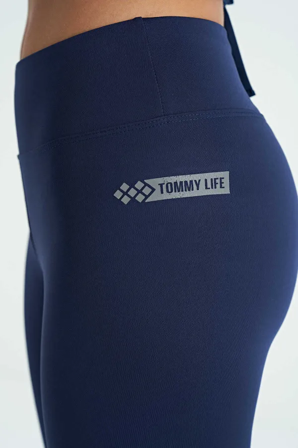 Leggings pour femmes Tommylife, taille haute, coupe slim, imprimé logo indigo - 94627