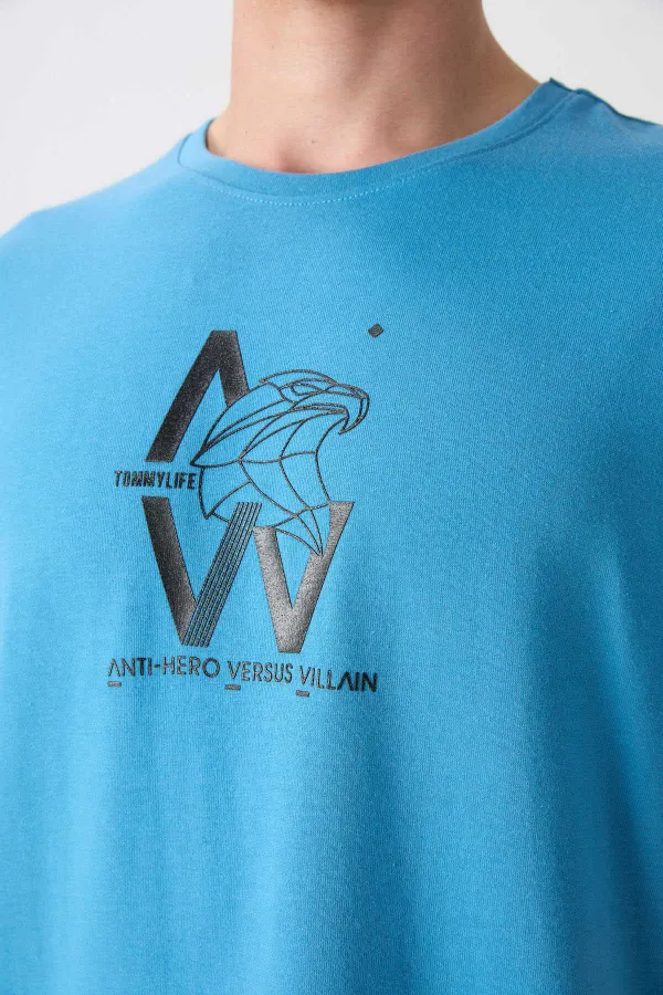 Tommylife Wholesale Crew Neck Oversize Printed Men's T-Shirt 88332 Petrol Blue