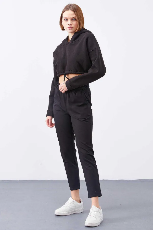 Tommylife Toptan Siyah Yüksek Bel Jogger Rahat Form Dar Paça Kadın Eşofman Alt - 94566