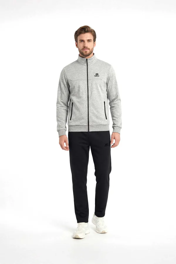 Ensemble de survêtement Tommylife Wholesale Gris chiné - Col montant noir, jambes classiques, grandes tailles pour homme - 85176