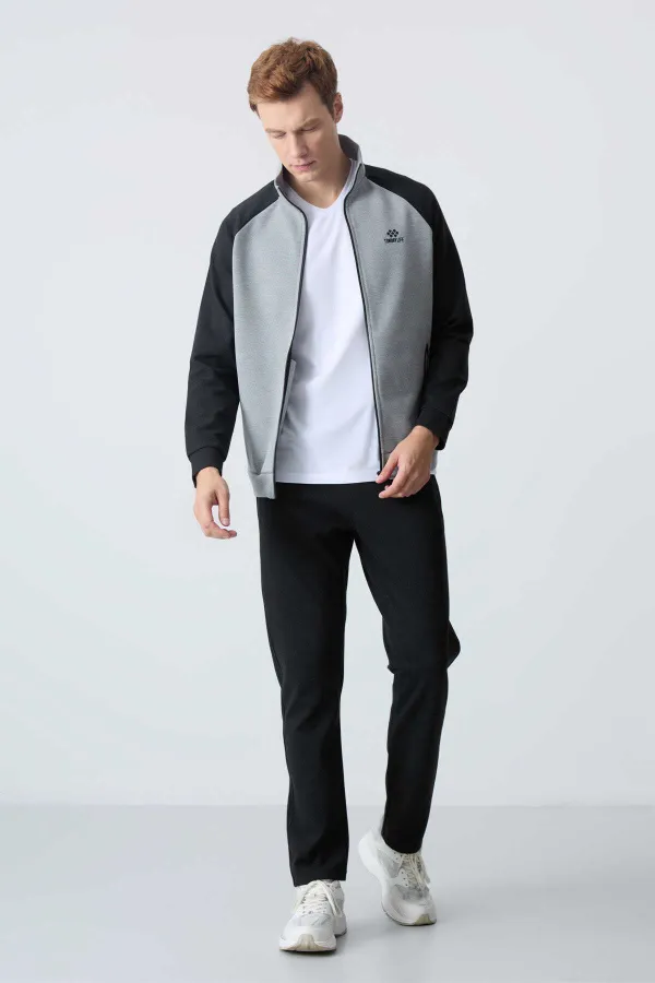 Tommylife Toptan Rahat Kalıp Dik Yaka Klasik Paça Erkek Eşofman Takımı 85113 Gri Melanj - Siyah