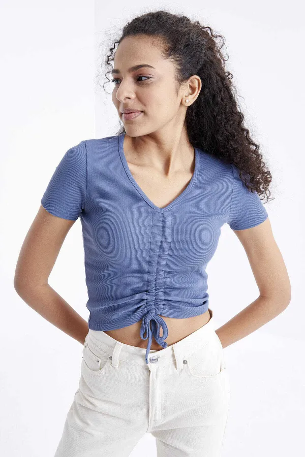 Tommylife Toptan Petrol Büzgü Detaylı V Yaka Kadın Crop Top T-Shirt - 97205