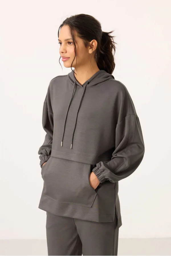 Survêtement tunique à capuche surdimensionné pour femme, texture douce, vente en gros Tommylife - 95348 Gris foncé