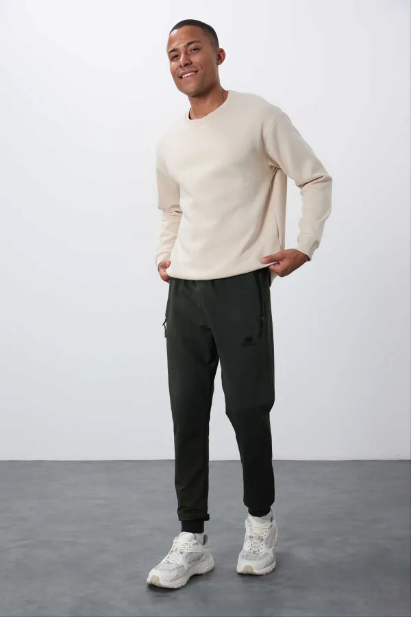 Tommylife Toptan Haki Fermuar Cepli Standart Kalıp Jogger Erkek Eşofman Alt - 84651