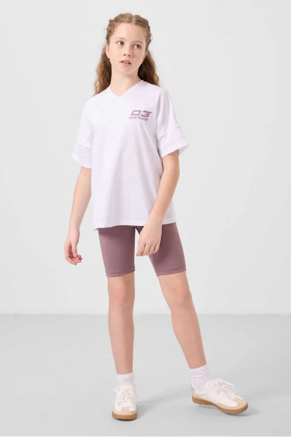 Tommylife Toptan V Yaka Kemer Detaylı Standart Fit Performans Kız Çocuk Tayt Takım 75187 Beyaz Gül kurusu