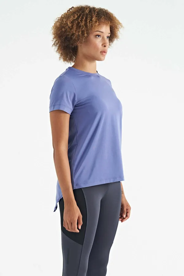 Tommylife Toptan Eflatun Sırt Yırtmaç Detaylı O Yaka Kısa Kollu Standart Kalıp Kadın T-Shirt - 97267