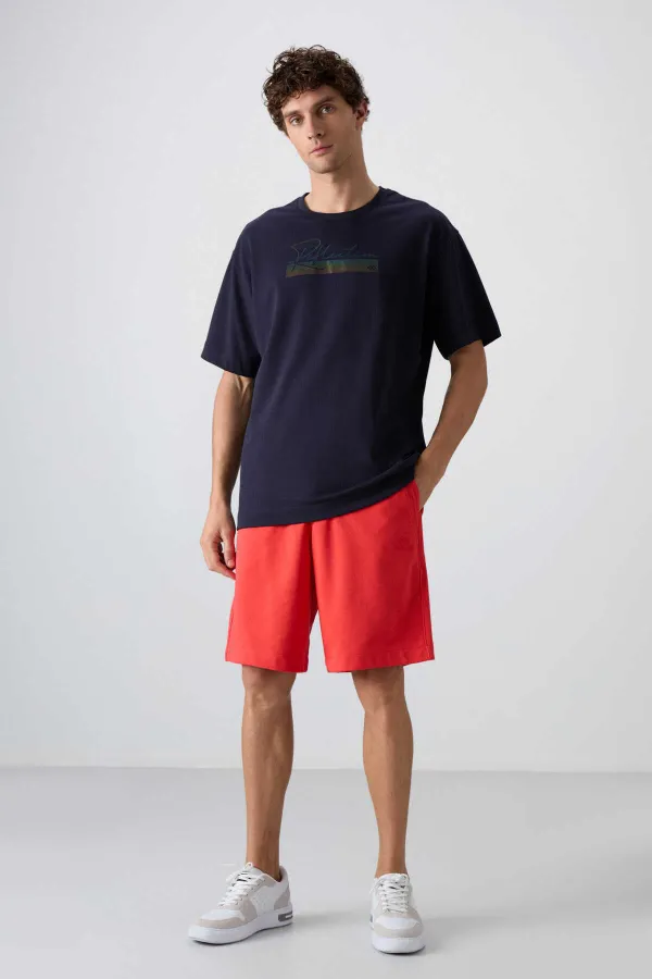 Tommylife Toptan O Yaka Oversize Baskılı Erkek T-Shirt 88334 Lacivert