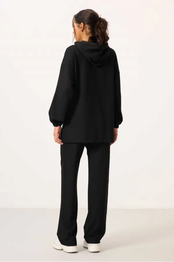 Ensemble tunique de survêtement à capuche oversize pour femme Tommylife, texture douce, vente en gros - 95348 Noir