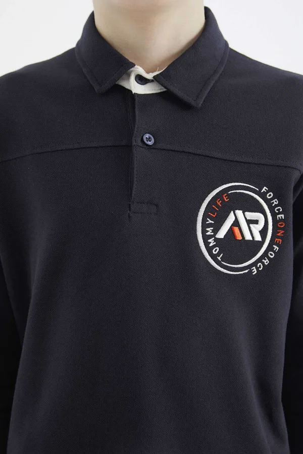 Sweat-shirt basique Tommylife pour garçon, taille serveur, col polo, coupe standard, bleu marine, référence 11172