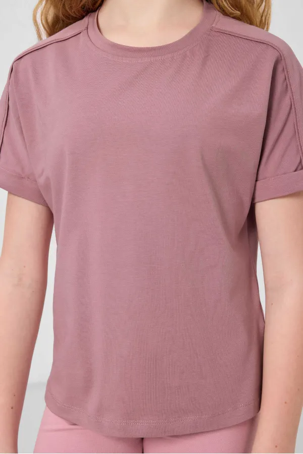 Tommylife Toptan Pamuklu O Yaka Oversize Fit Basic Kız Çocuk T Shirt 75182 Gül Kurusu