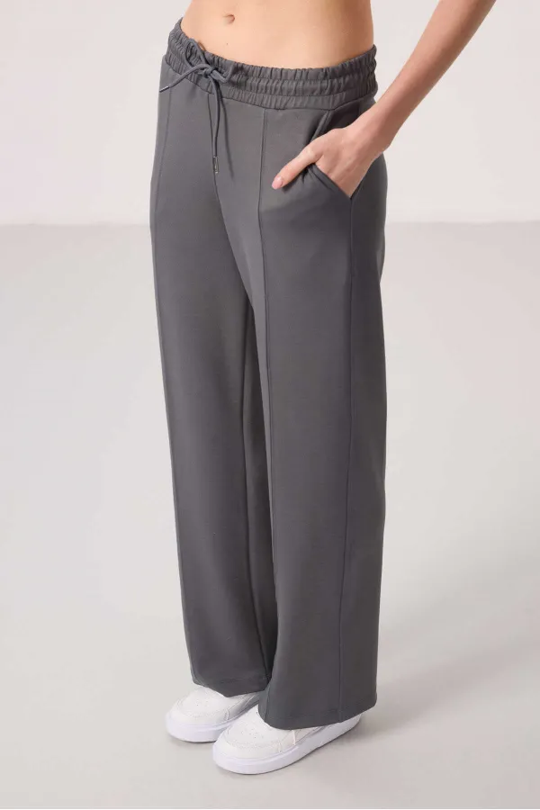 Tommylife Toptan Yumuşak Dokulu Cepli Ön Dikiş Detaylı Kadın Palazzo Pantolon - 94670 Koyu Gri