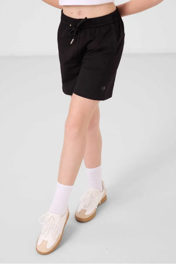 Tommylife Toptan Pamuklu Yumuşak Dokulu Standart Fit Basic Kız Çocuk Şort Takım 75184 Siyah