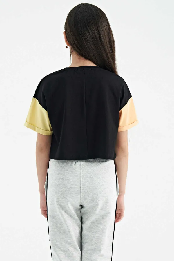 Tommylife Toptan Siyah Yazı Baskılı O Yaka Düşük Omuzlu Oversize Kız Çocuk T-Shirt - 75130