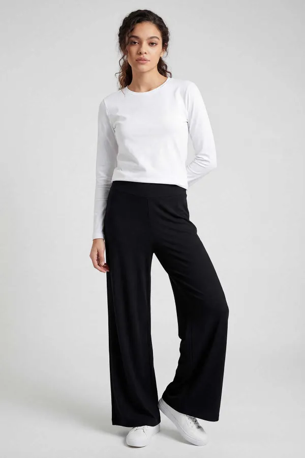 Tommylife Wholesale Black Comfort Fit Wide Leg Corset Palazzo Women's Trousers - 94681 Tommylife Wholesale Black Comfort Fit Wide Leg Corset Palazzo Women's Trousers - 94681