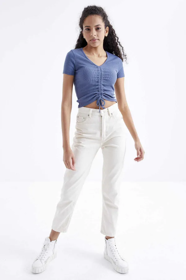 Tommylife Toptan Petrol Büzgü Detaylı V Yaka Kadın Crop Top T-Shirt - 97205