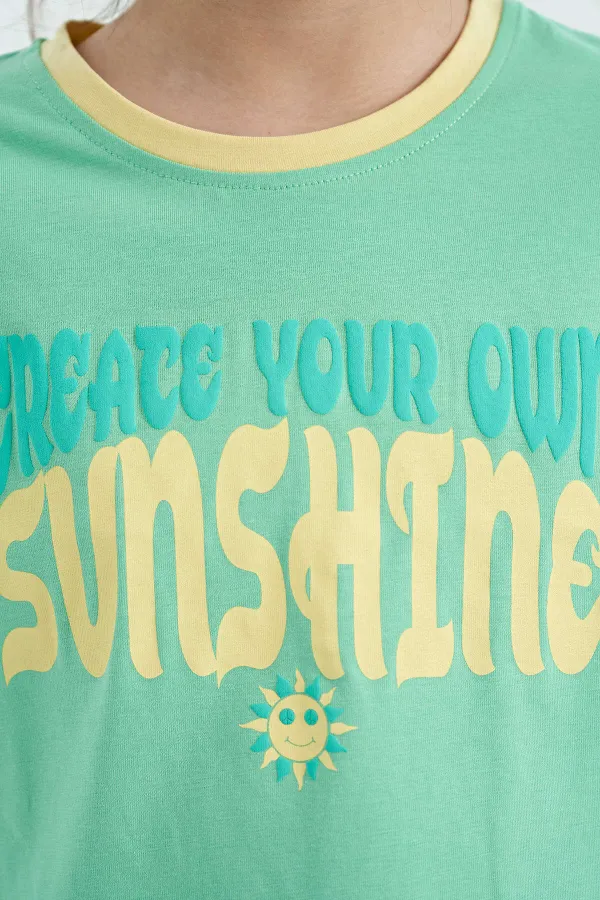 Tommylife Toptan Su Yeşili Renkli Yazı Baskılı O Yaka Oversize  Kısa Kollu Kız Çocuk T-Shirt - 75111