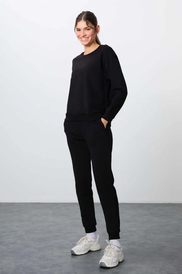 Tommylife Toptan Oversize O Yaka Jogger Kadın Eşofman Takımı 95341 Siyah