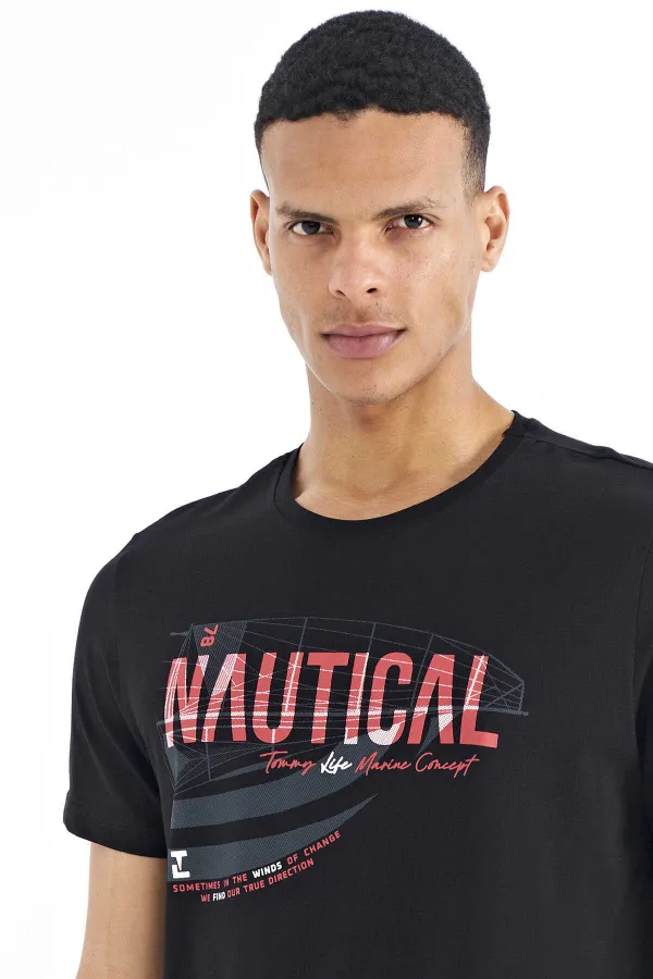 Tommylife Wholesale Black Standard Fit Crew Neck Men's T-Shirt with Text Print - 88171