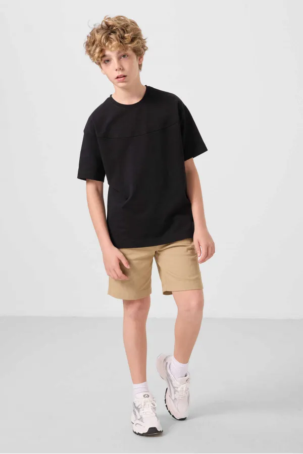 Tommylife Toptan Pamuklu Oversize Fit Dokuma Hafif Esnek Chino Erkek Çocuk Şort Takım 11279 Siyah-Koyu Bej