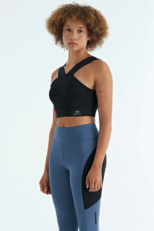 Tommylife Toptan Siyah Logo Baskılı Dar Kalıp Dalgıç Kumaş Kadın Büstiyer - 97259