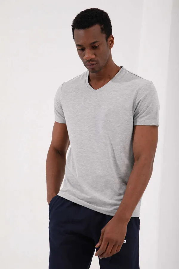 Tommylife Toptan V Yaka Standart Kalıp Basic Erkek T-Shirt 87912 Gri Melanj