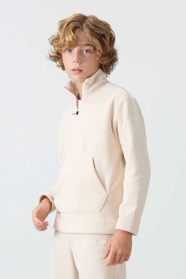 Ensemble de survêtement en polaire à col montant Tommylife Wholesale Serverer Boy, beige, référence 11218