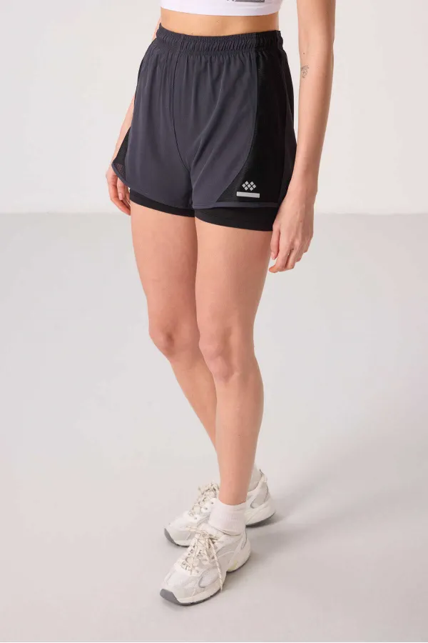 Tommylife Toptan Polyester Gizli Cep Fermuarlı Standart Kalıp Kadın İçi Taytlı Şort - 91015 Antrasit