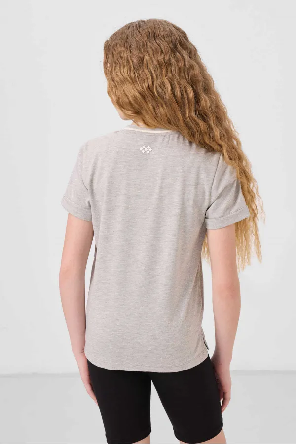 Tommylife Toptan Pamuklu O Yaka Oversize Fit Baskılı Kız Çocuk T Shirt 75177 Gri Melanj