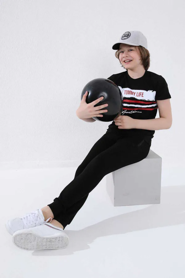 Pantalon de jogging noir pour garçon Tommylife, avec poche zippée, coupe standard et ourlets resserrés - 64042